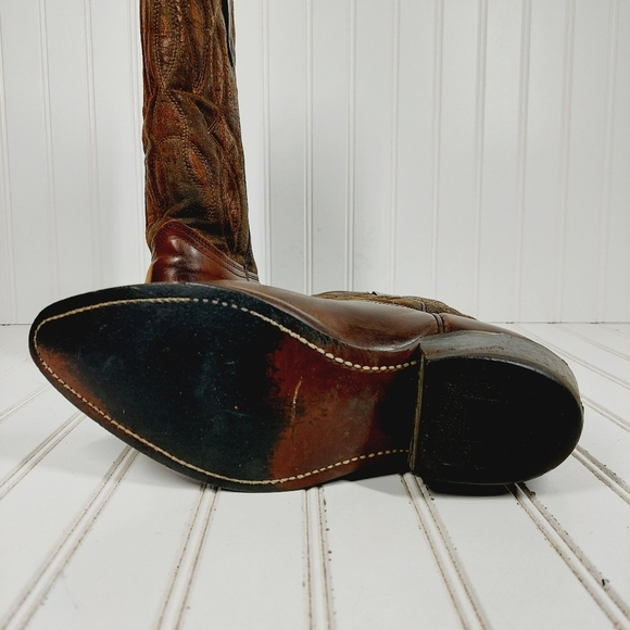 Bronco Brown Embroidery Leather Slip On Block Heel Pointy Toe Western Boots D186 - Picture 8 of 13